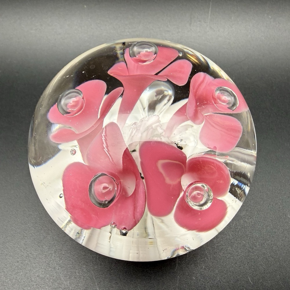Joe St. Clair Pink Trumpet Flower Art Glass Paperweight Controlled Bubble Signed